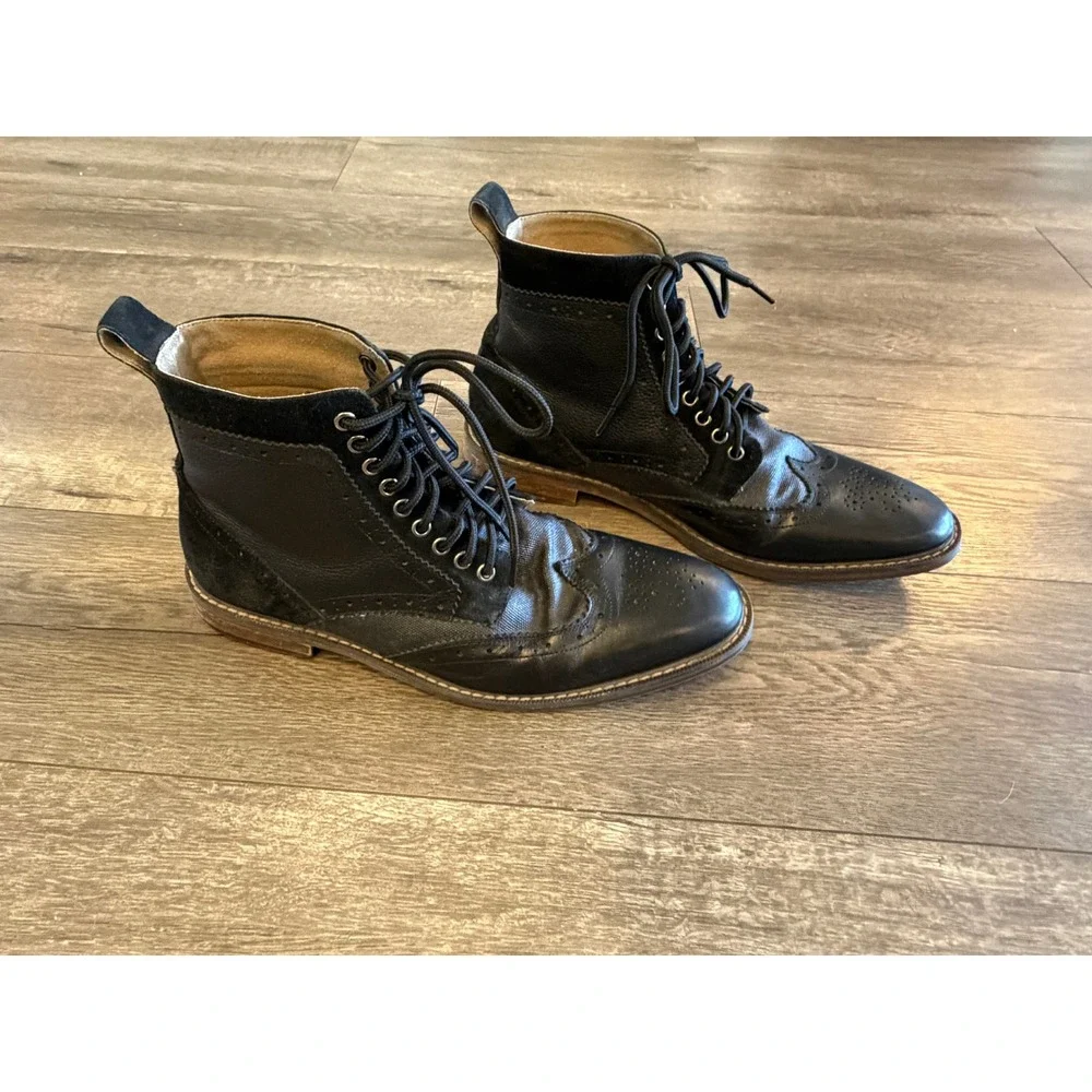 Stacy Adams Black Leather Wingtip Brogue Lace Up‎ Dress Boots Mixed Media Mens